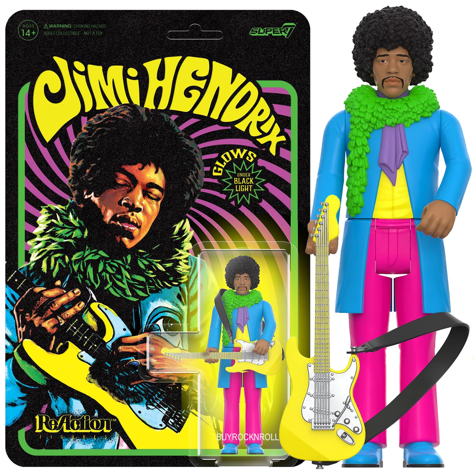 Jimi Hendrix 2023 Handpick Super7 Reaction Blacklight Are You Experienced Figure