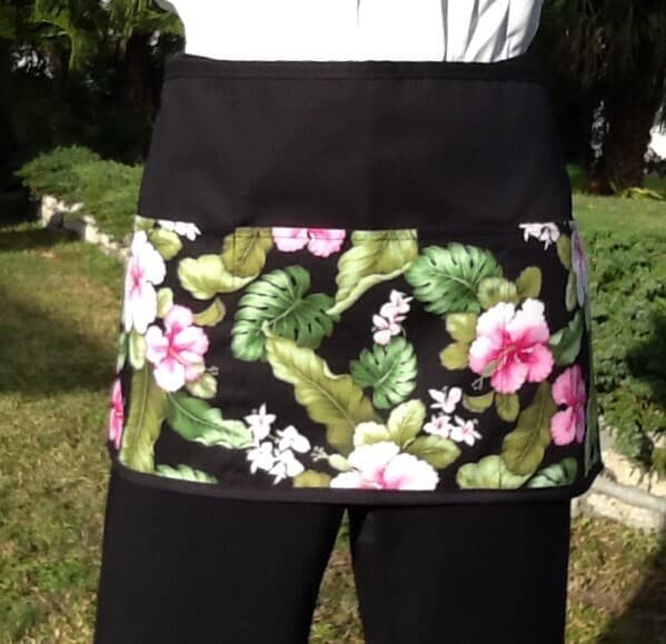 Tropical Spring Flowers server waitress Black Half Apron 3 pocket restaurant