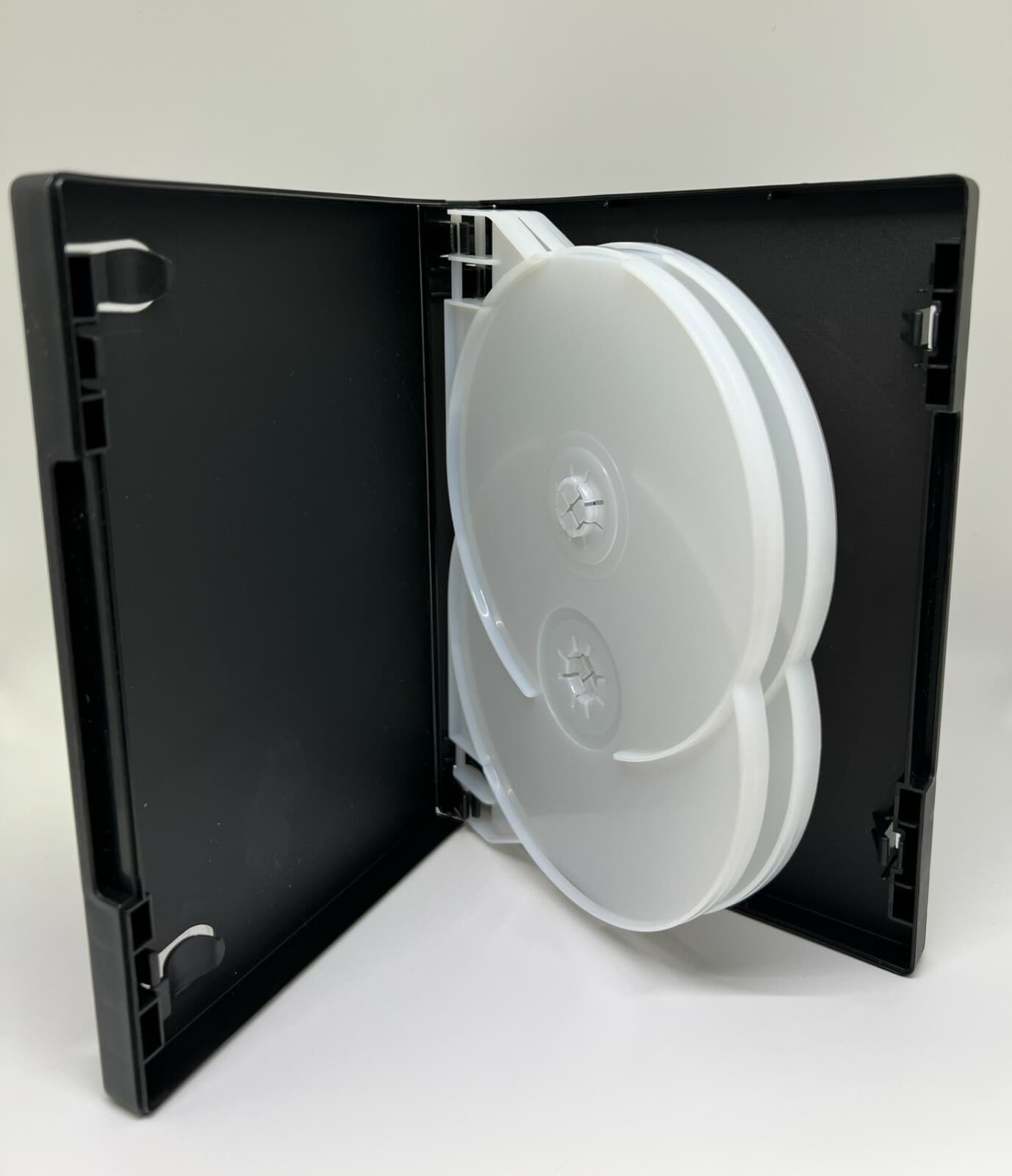 2 Black 22mm Quad (4) Disc DVD Case w/Sleeve & Clips White Trays, PSD70C-22MM