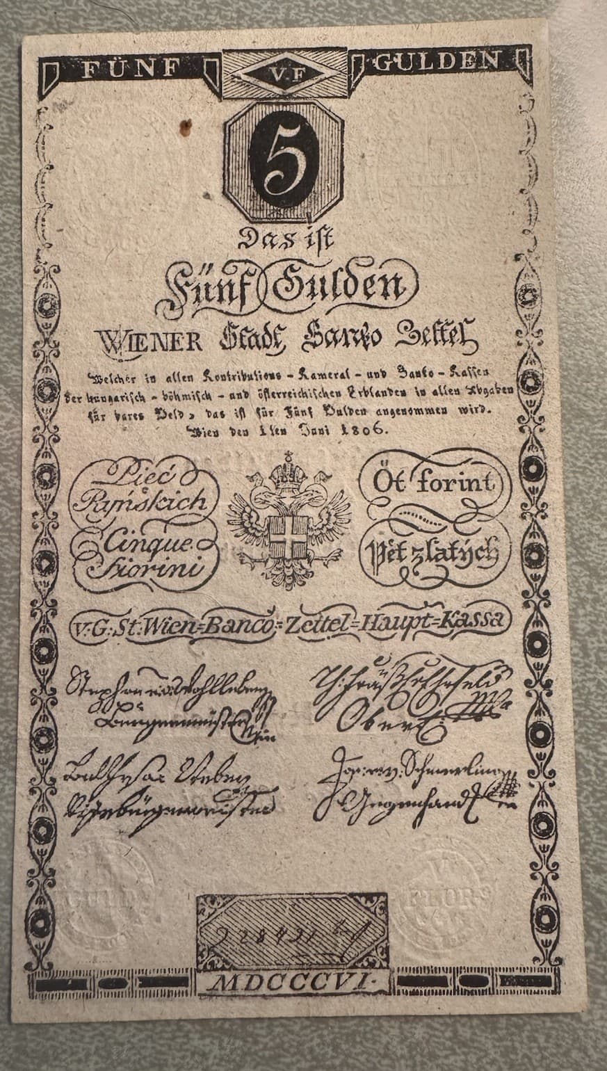 Rare Austria 5 Gulden 1806 Antique Banknote – Early 19th Century Currency 2