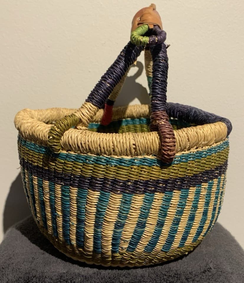 Bolga African Market Basket Hand Woven With Leather Wrapped Handle 9” x 6” x 10” 4