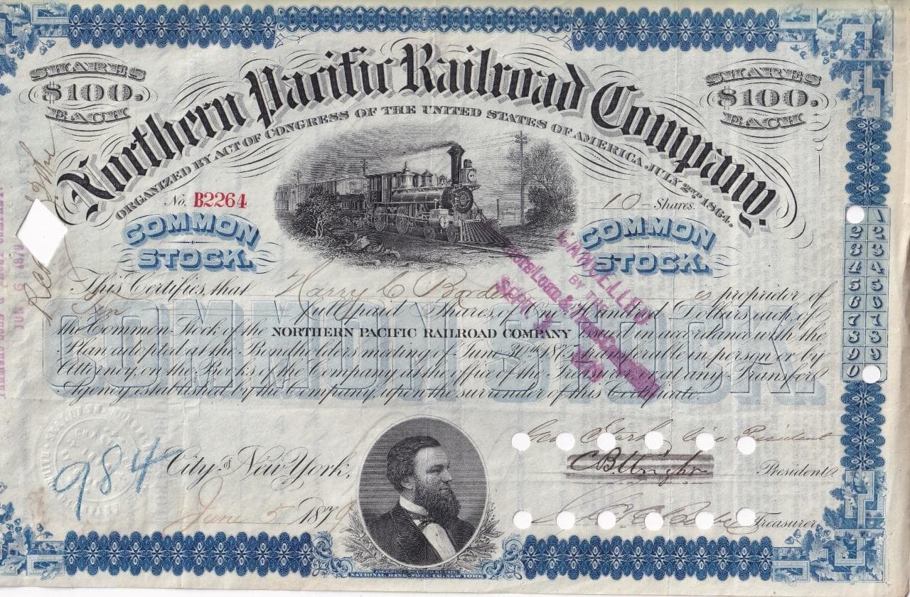 1879 Northern Pacific Railroad common stock certificate