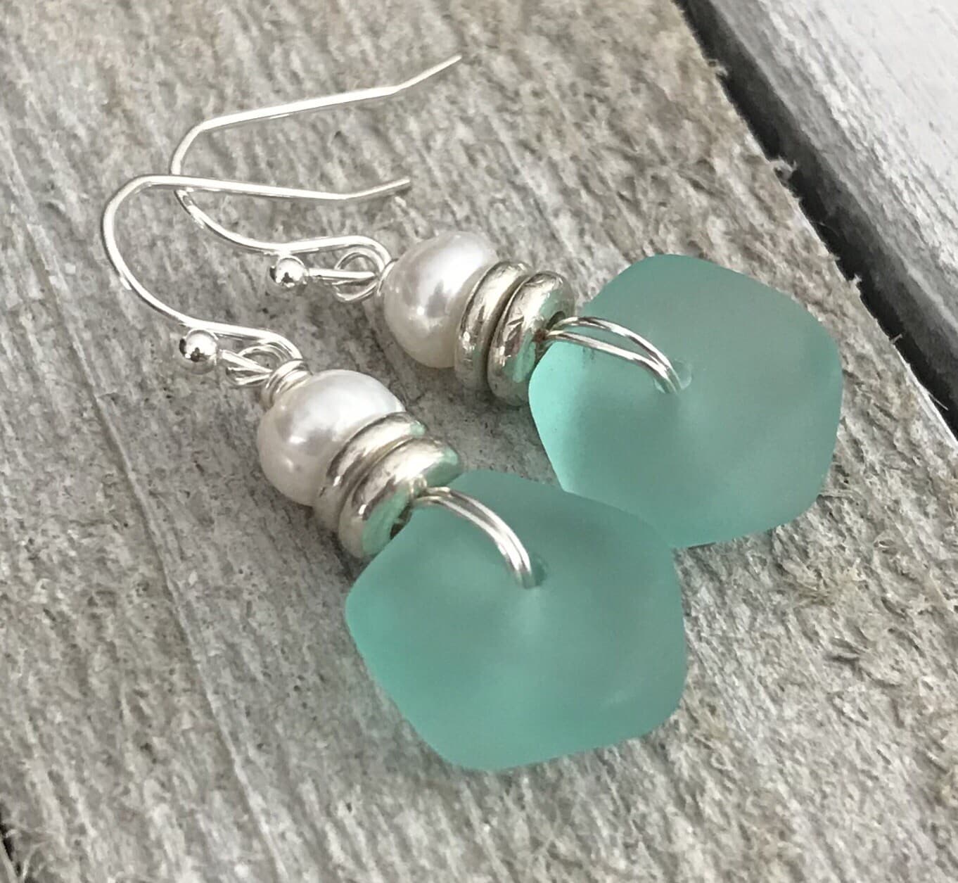 Min Favorit Turquoise Bay Sea Glass, Freshwater Pearl & Silver Pl Drop Earrings 2