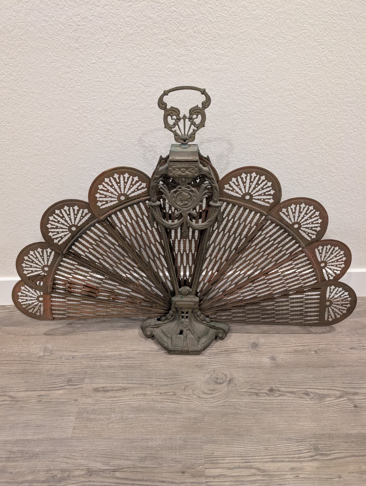 Vintage Victorian Peacock Fan Fireplace Screen, Folding Screen 28"x 37"