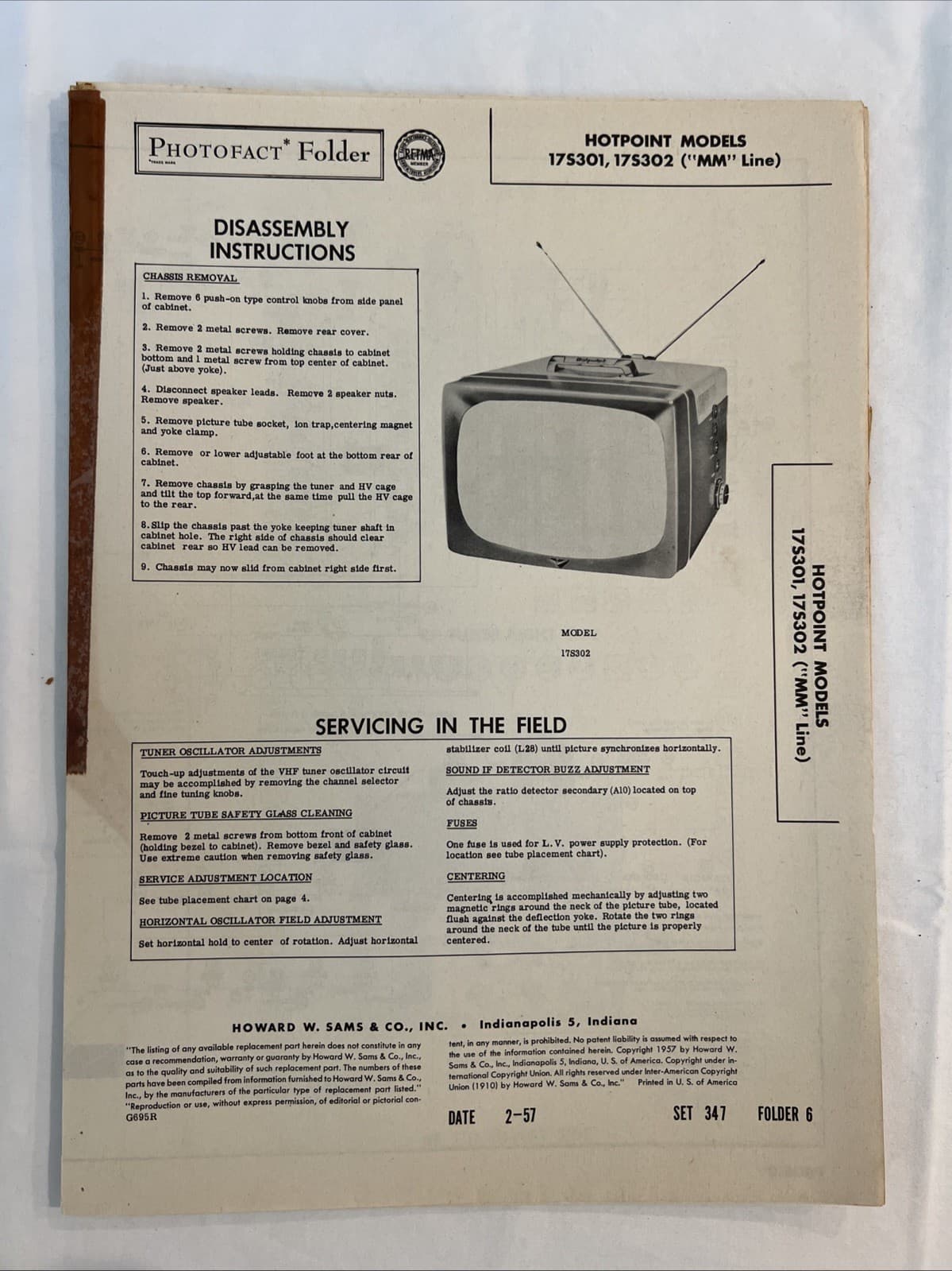 Vintage Sams Photofact Schematic 2-1957 HOTPOINT MODELS 17S301, 17S302 (MM Line) 3
