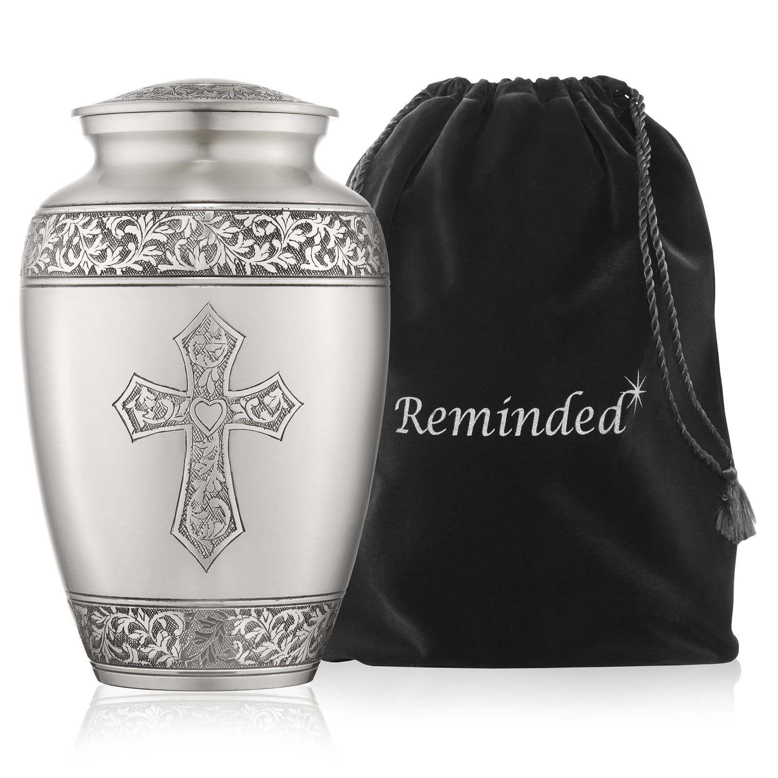 Adult Cremation Funeral Urn for Human Ashes, Pewter Etched Cross with Velvet Bag