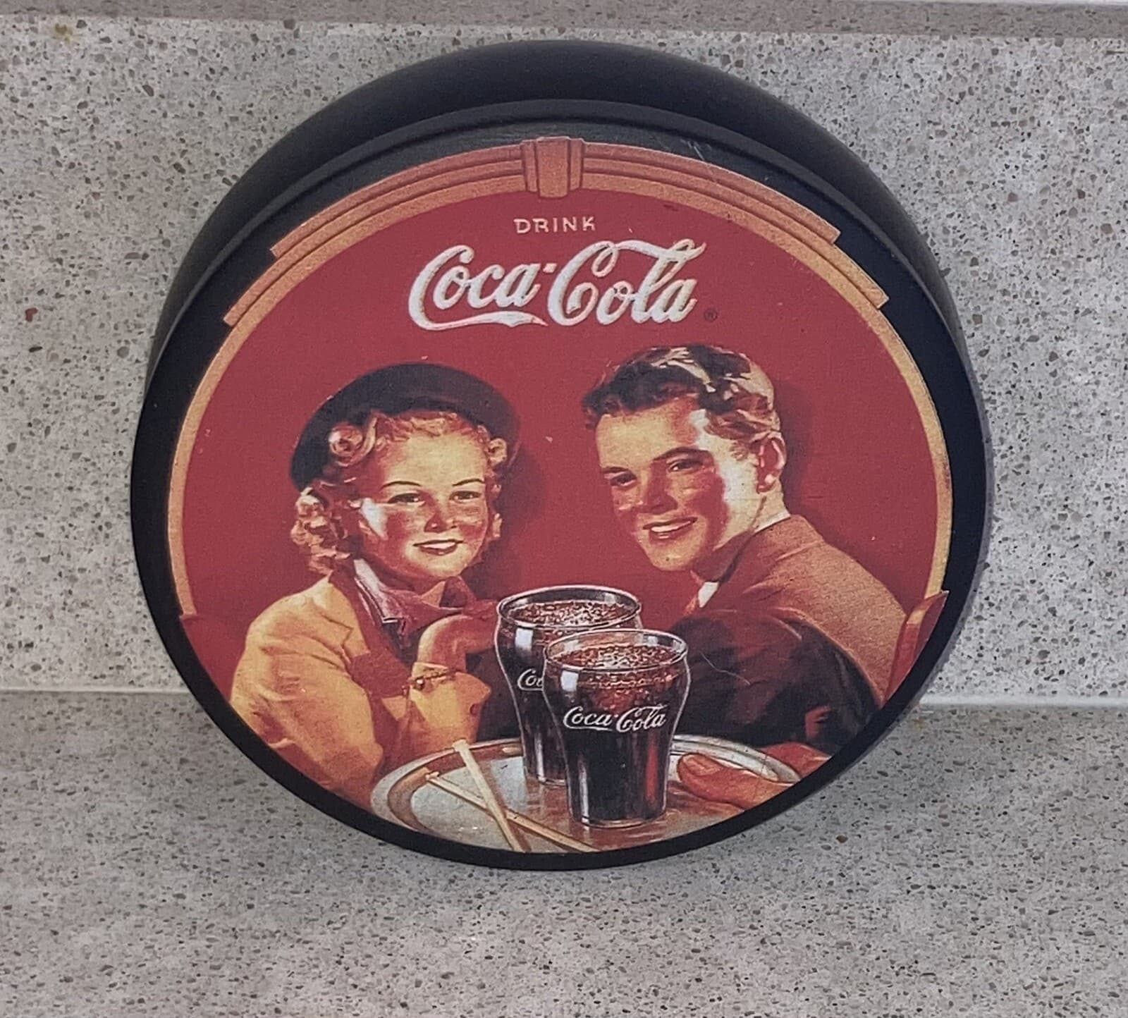 Vintage 1988 Round Coke Drink Coca-Cola Girl Boy Soda Fountain Tin 4