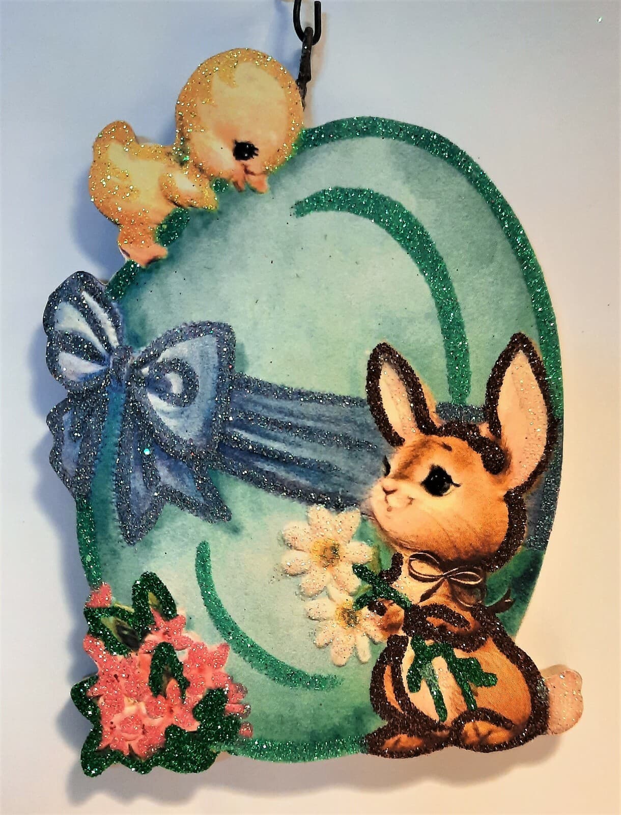 BUNNY RABBIT & CHICK w LARGE TEAL EGG, BOW * Glitter EASTER ORNAMENT * Vtg Img