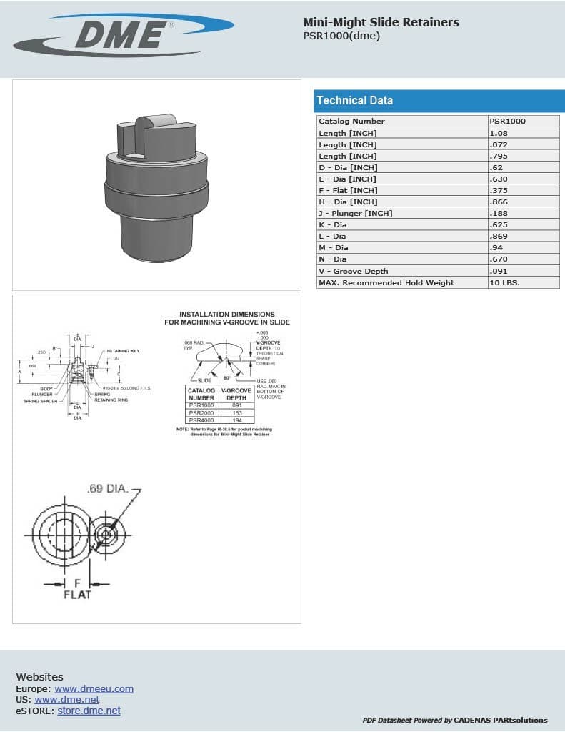 DME PSR1000 Mini-Might Slide Retainer Assembly 10 LBS Max Weight 6