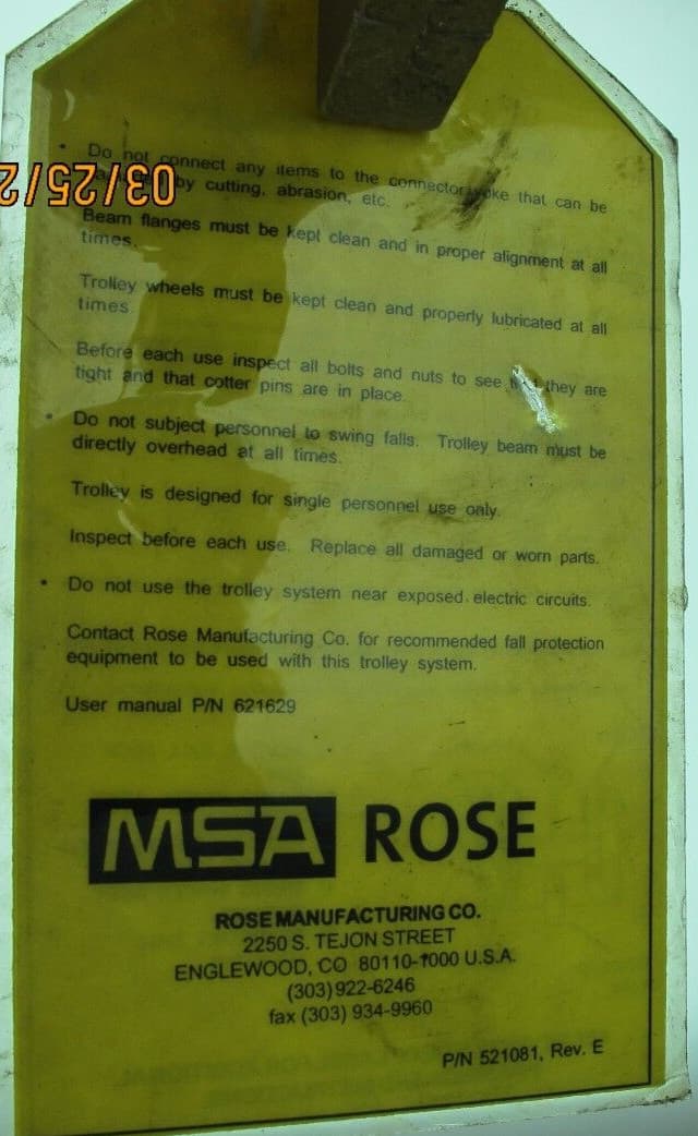 MSA ROSE Fall Arrest 4" Beamglide Trolley 506266 [B7S4] 3
