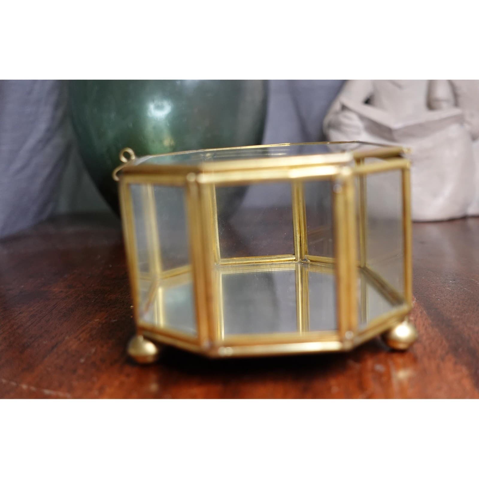 glass gold trim and hinged lid footed octagon jewelry box with mirrored base 5