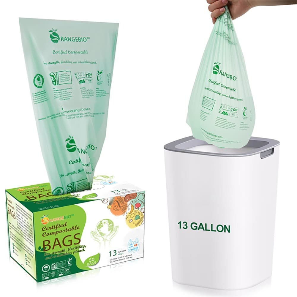 OrangeBio 100% Compostable Trash Bags, 13 Gallon, 50 Count, Extra Thick 0.9 mil