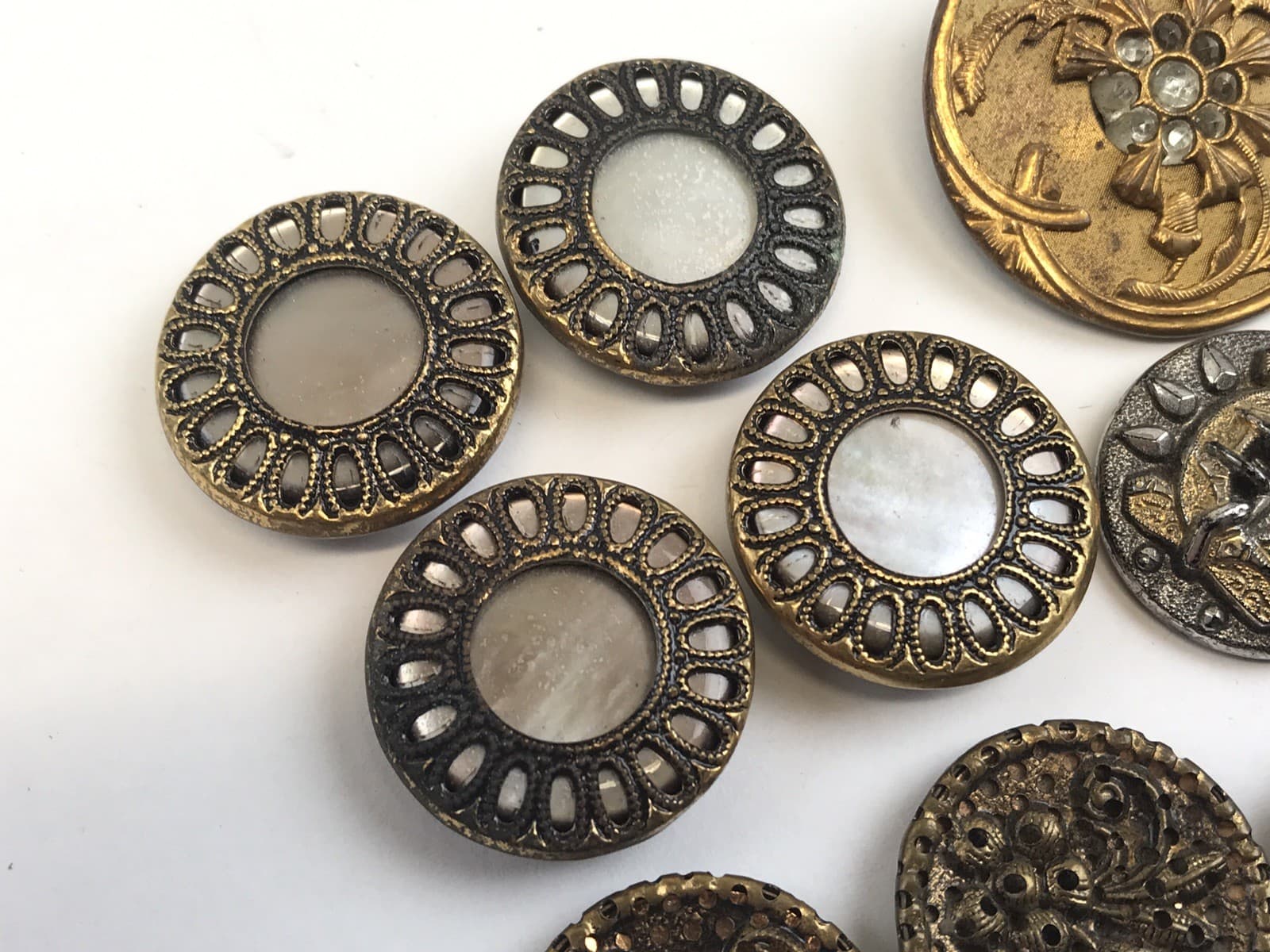 Lot of 10 Antique Victorian Picture Buttons – Brass & Metal, Pierced Rim w/ MOP 2
