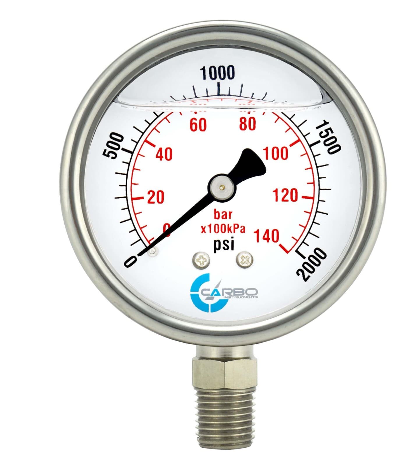 2" Pressure Gauge, Stainless Steel Case, Liquid Filled, Lower Mnt, 2000 PSI