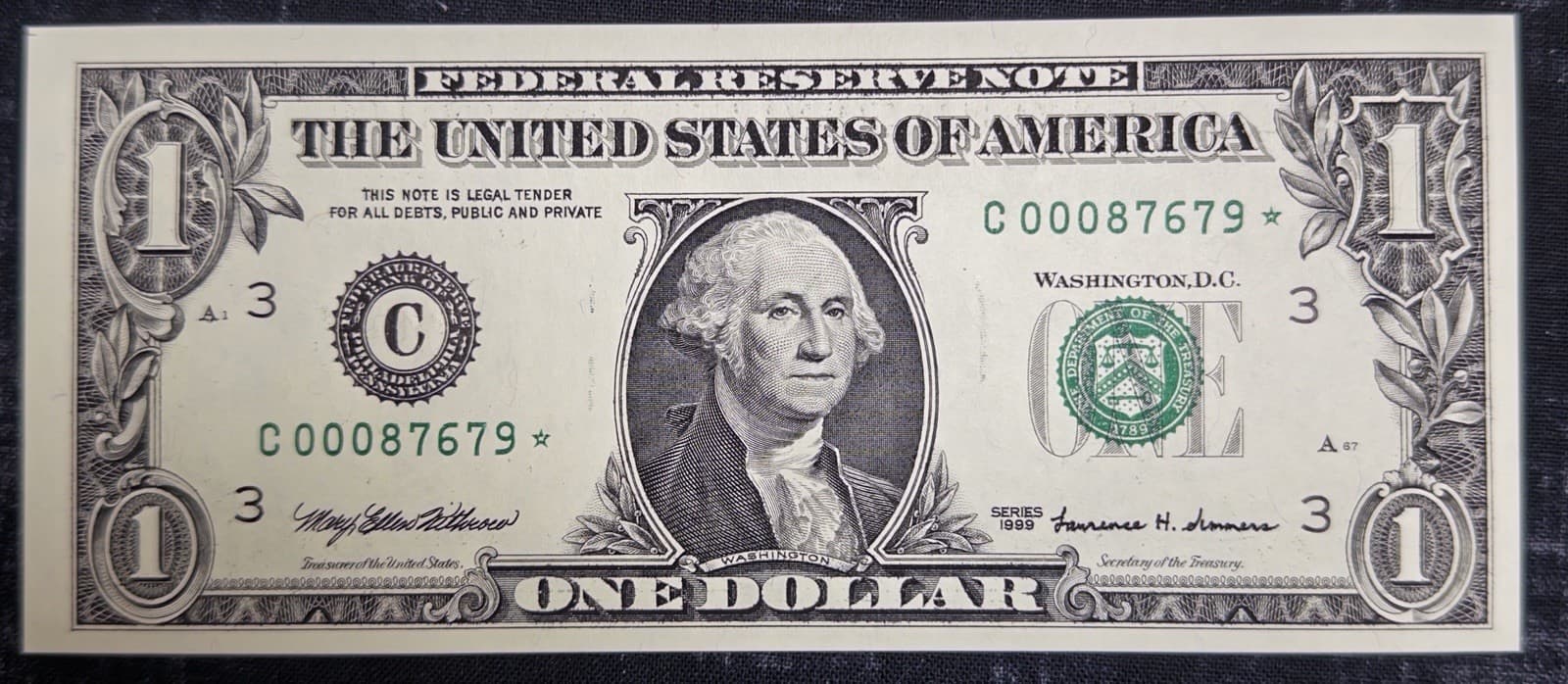 Set of 5 - 1999 $1 Federal Reserve Note LOW SERIAL Consecutive Star Uncirculated 3