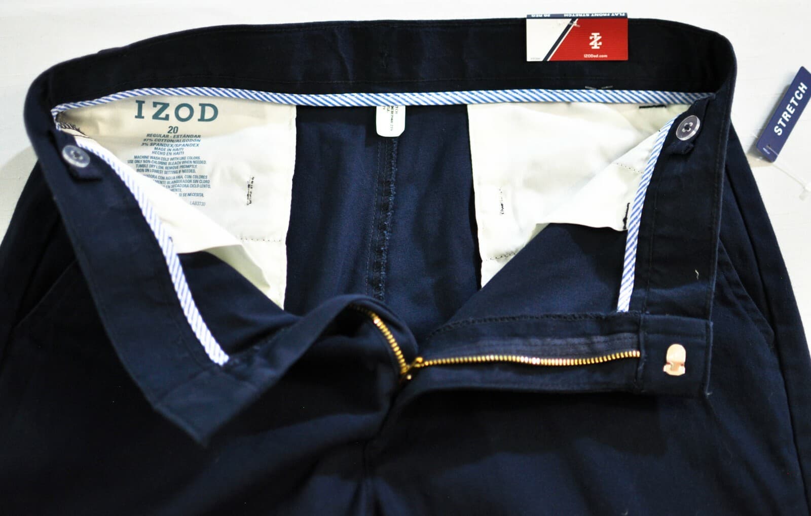 boy's Izod flat front stretch chino size 20 navy blue pants adjustable waist 3