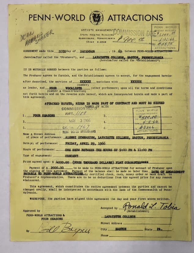 Signed Vintage Contract The Drifters at Delaware Valley College 1969