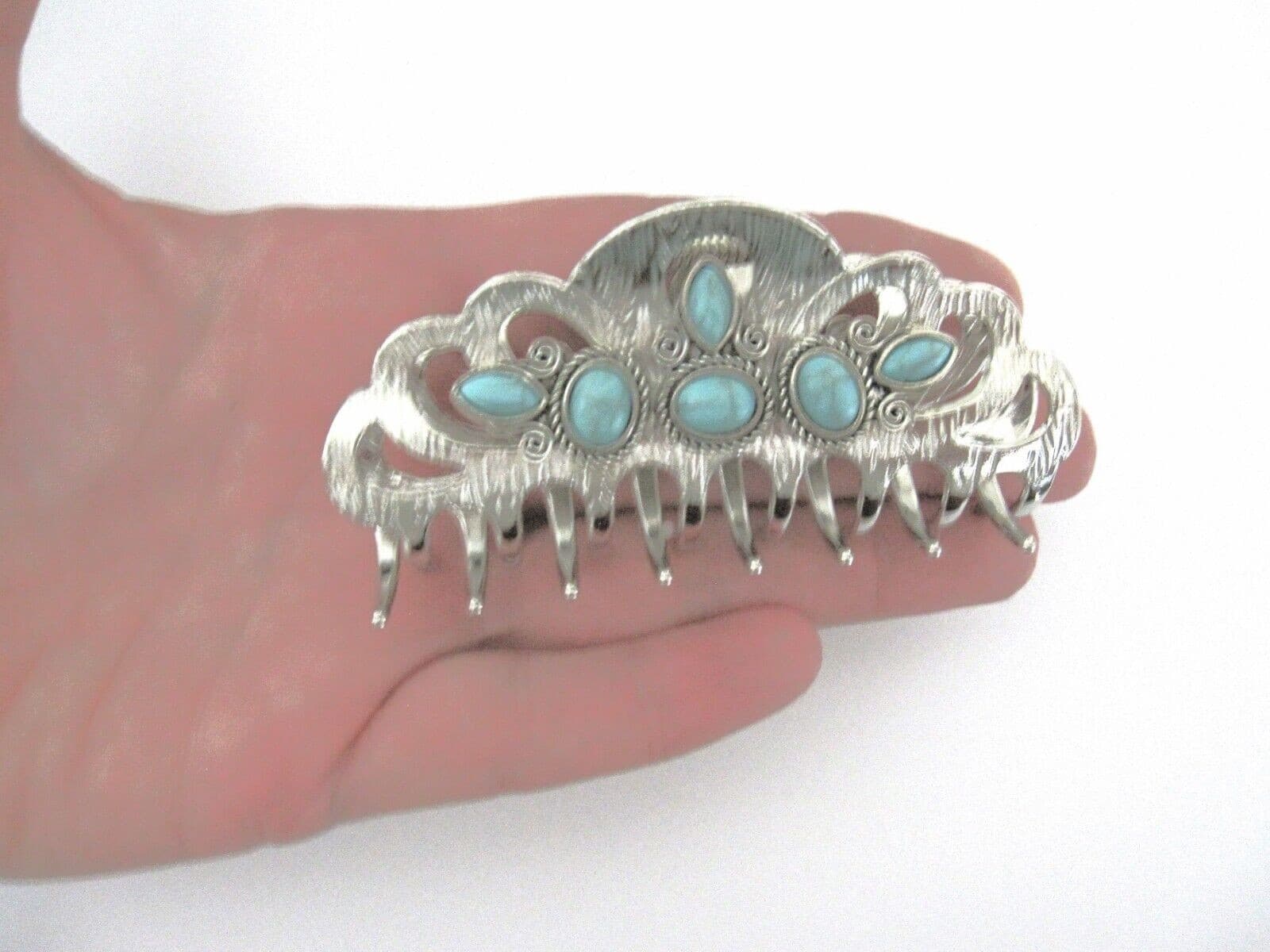 Hair claw clip turquoise blue stone textured silver metal western for thin hair 5