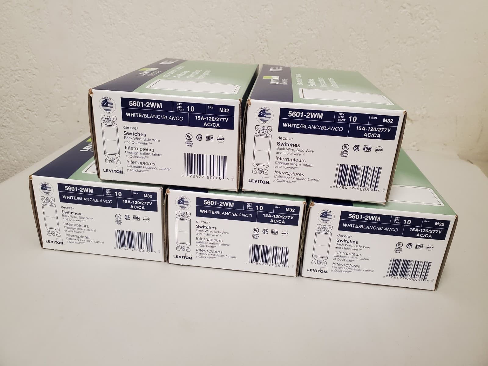 *50* Leviton Decora 15 Amp 1-Pole Rocker AC Quiet Light Switch, White (5601-2WM) 2