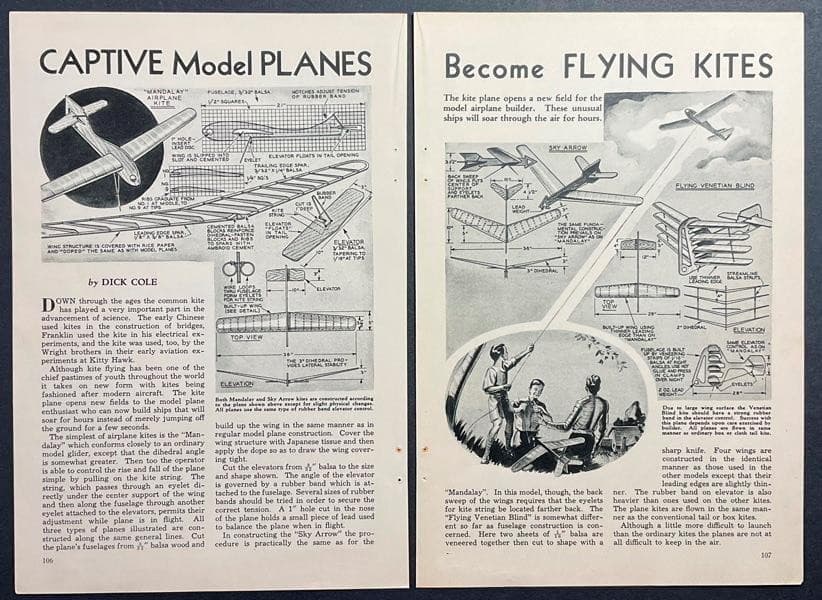Airplane Kites 1936 HowTo Build PLANS Mandalay~Sky Arrow~Flying Venetian Blind