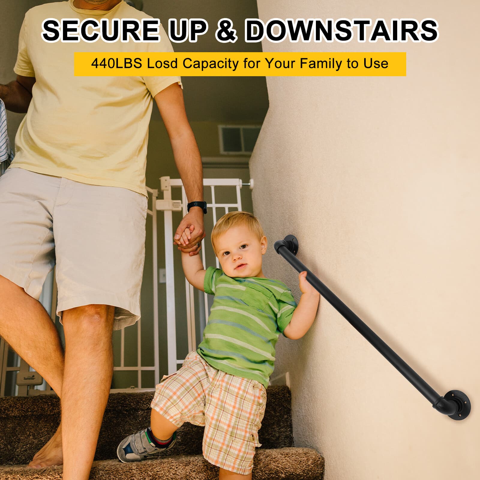 3 FT Iron Handrail for Steps Stair Railing Hand Rail Kit Black Outdoor Indoor 3