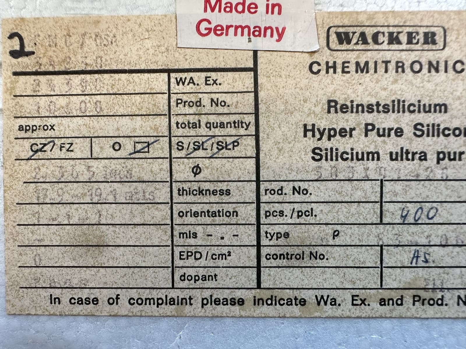  LOT OF 400 WAKER CHEMTRON HYPER PURE SILICON WAFER 2.365"Dia, 14-15 MILLS THICK 4