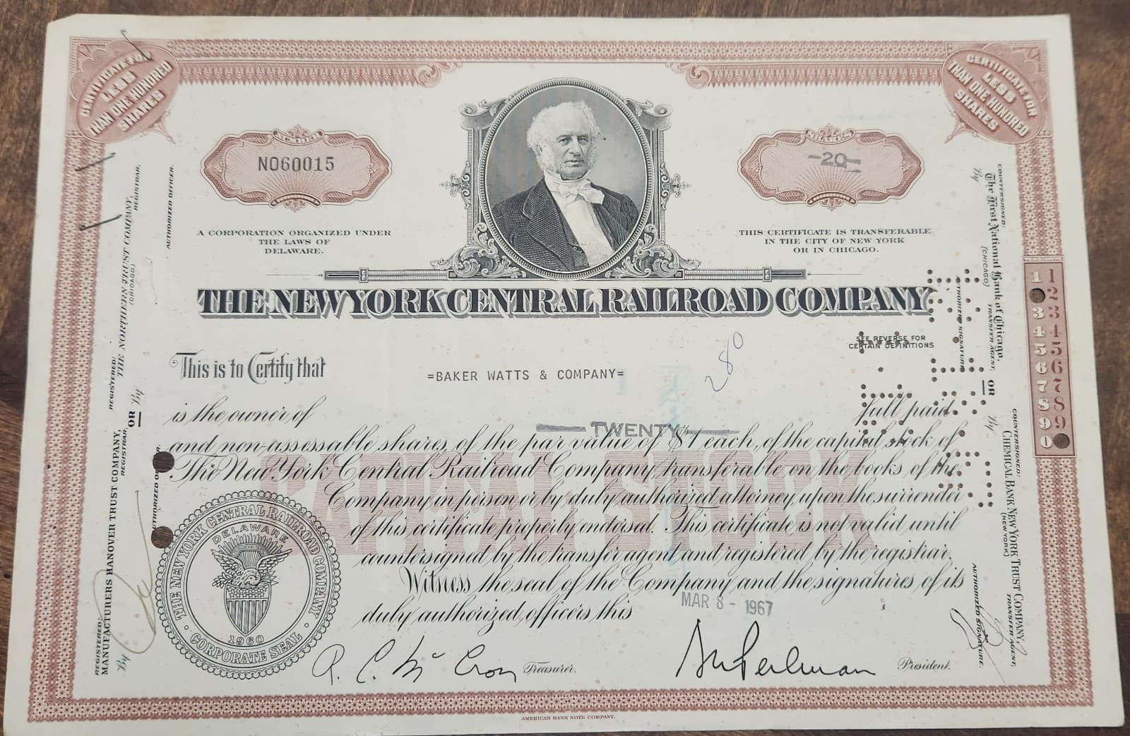 Vintage NEW YORK CENTRAL RAILROAD CO. Stock Certificates  1960s 3