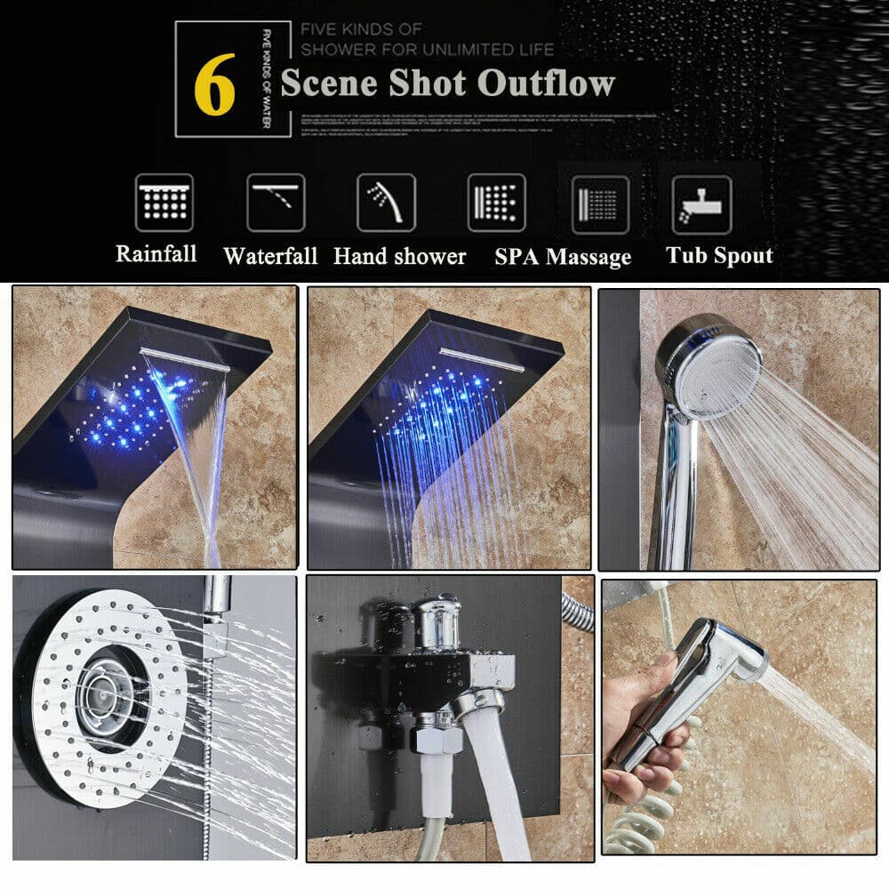 ELLO&ALLO LED Black Rainfall Shower Panel Tower Faucet Massage Body Jets System 5