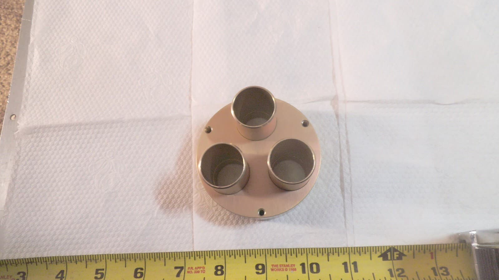 Chromate plated Aluminum disc with 3 ports, 2-15/16" OD x 2" tall 2