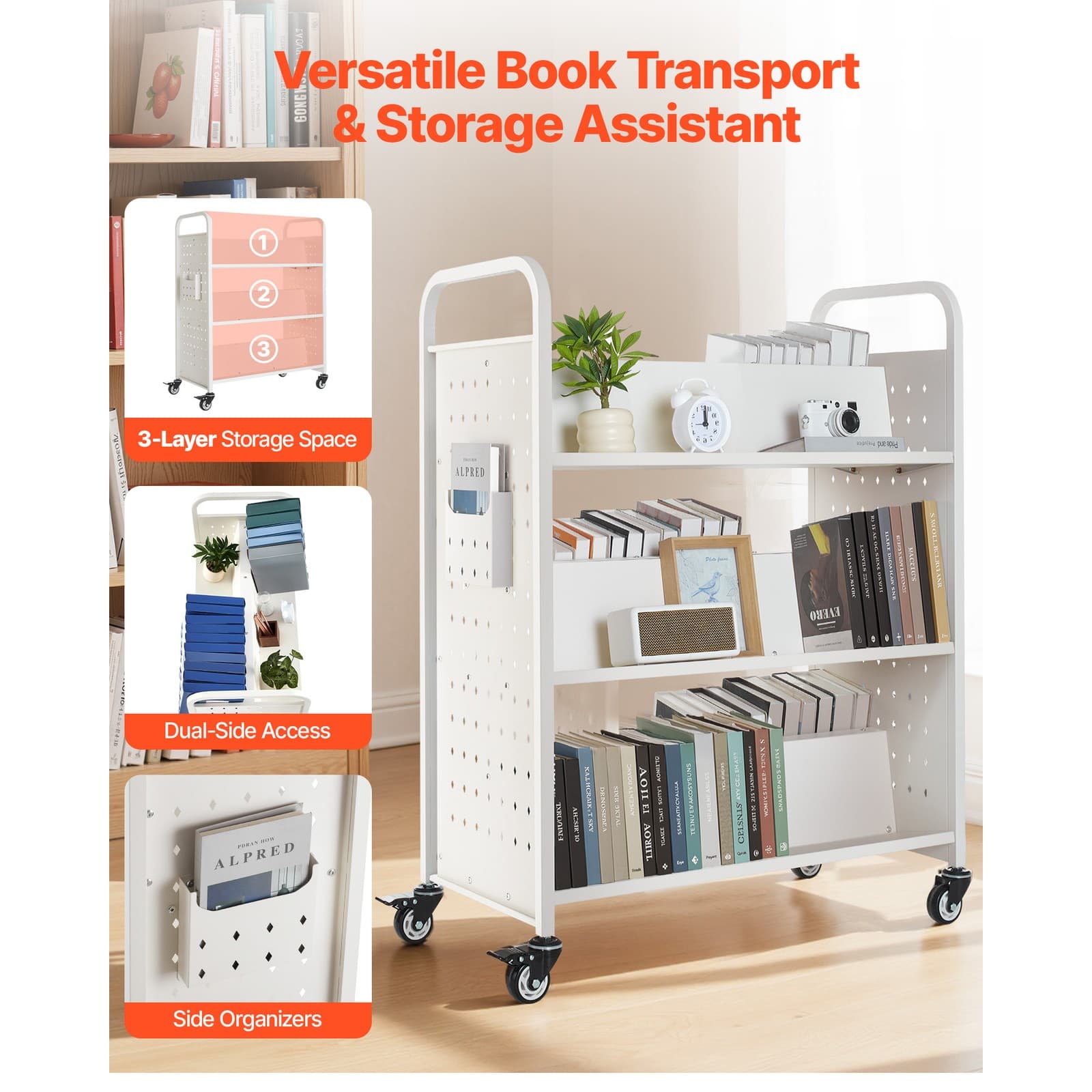 3-Tier Rolling Book Cart Double Sided W-Shaped Shelves Book Truck in White 2