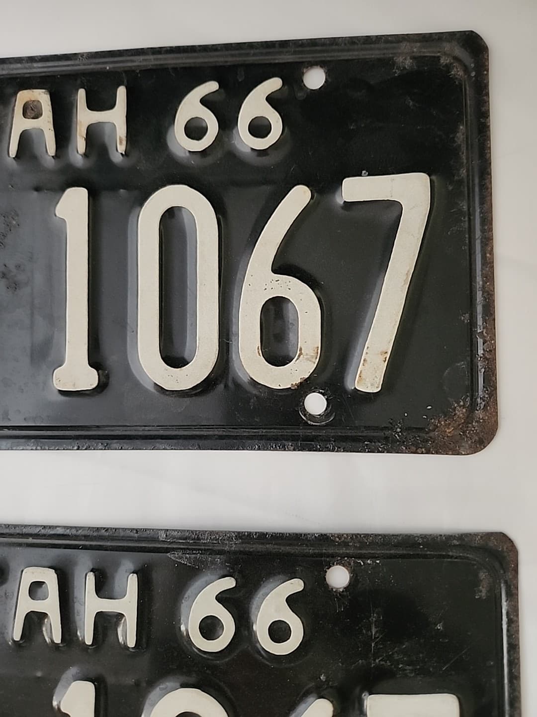 1966 Vintage Black Utah Auto License Plate Set Alpha Numeric 3