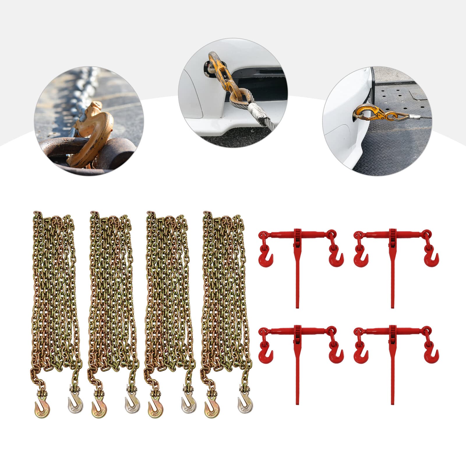 4 Pack 5/16"-3/8" Chain and Binder Kit Ratchet Load Binder w/ 4x 20ft Chains NEW 3
