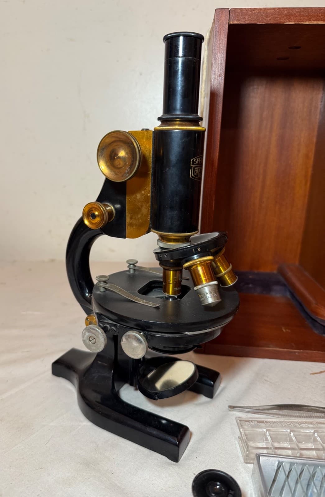 Antique lot brass A Spencer Buffalo lab microscope scientific instrument set 3