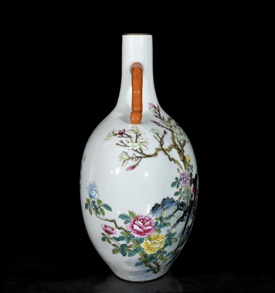 33CM Qianlong Signed Old Chinese Colour Enamel Flask Vase W/bird U1350 4