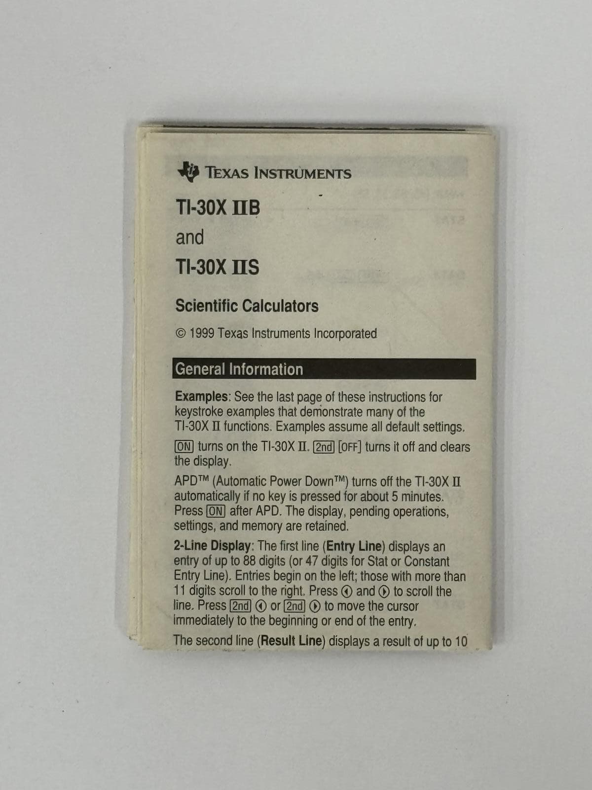 Texas Instruments TI-30X IIB IIS Scientific Calculator Instruction Manual 1999