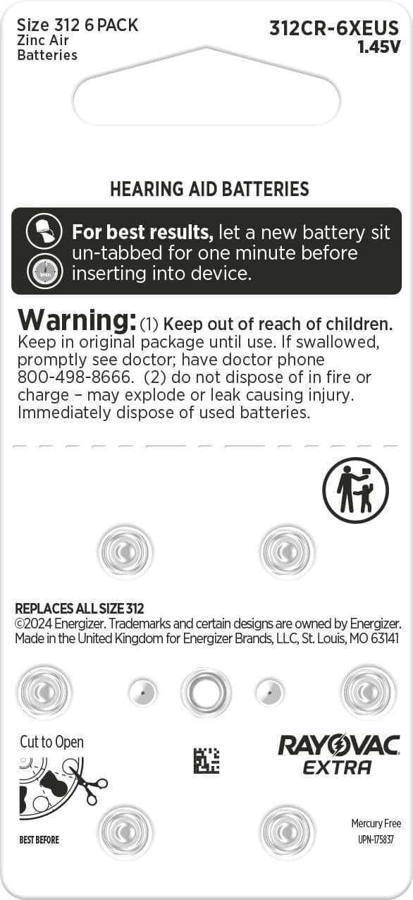 60 x Rayovac Extra 312 Size Hearing aid batteries Zinc air 10 Packs Used By 2028 5
