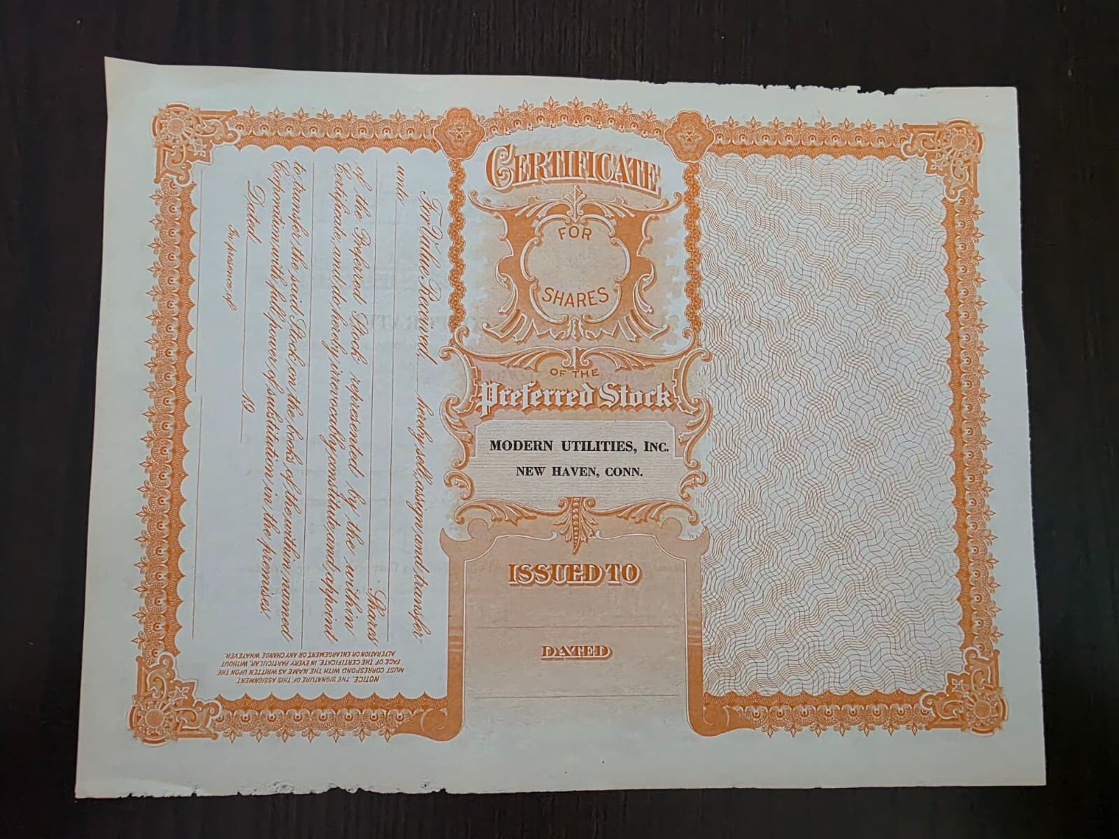Modern Utilities Blank Stock Certificate  2