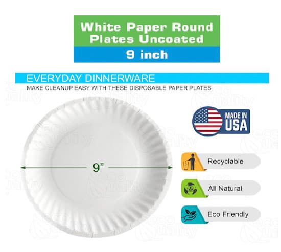 600 Pack White Uncoated Paper Plates Diameter Recyclable Microwave Safe 9" Inch 2