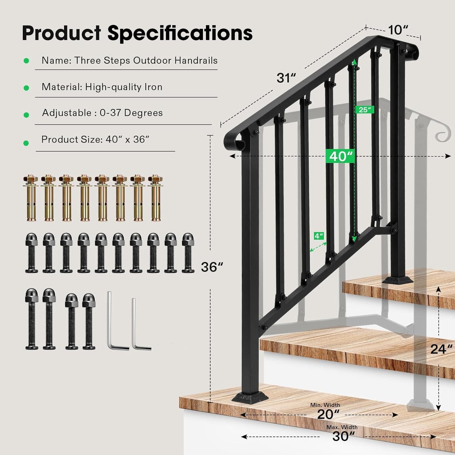 VIVOSUN Wrought Iron Handrail Stair Railing for 2/3/4/5 Steps Adjustable Height 2