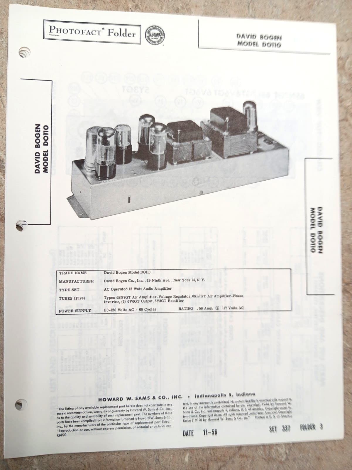 DAVID BOGEN DO110 6V6 AMPLIFIER - SAMS PHOTOFACT 333/3 Schematic, Parts Locator