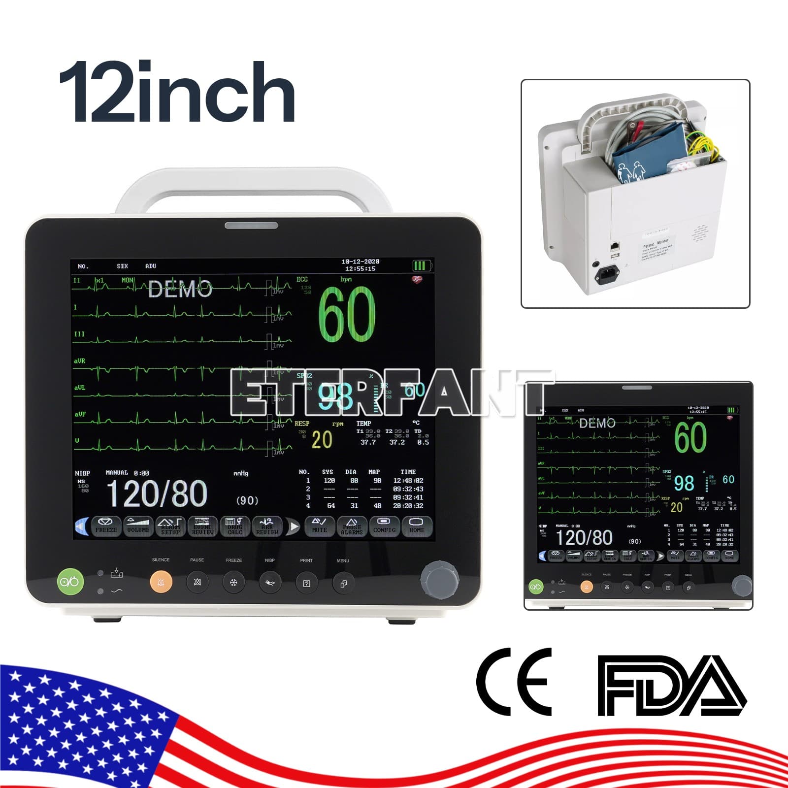 12" Patient Monitor ICU CCU Vital Sign For Hospital ECG NIBP RESP TEMP SPO2 PR 2