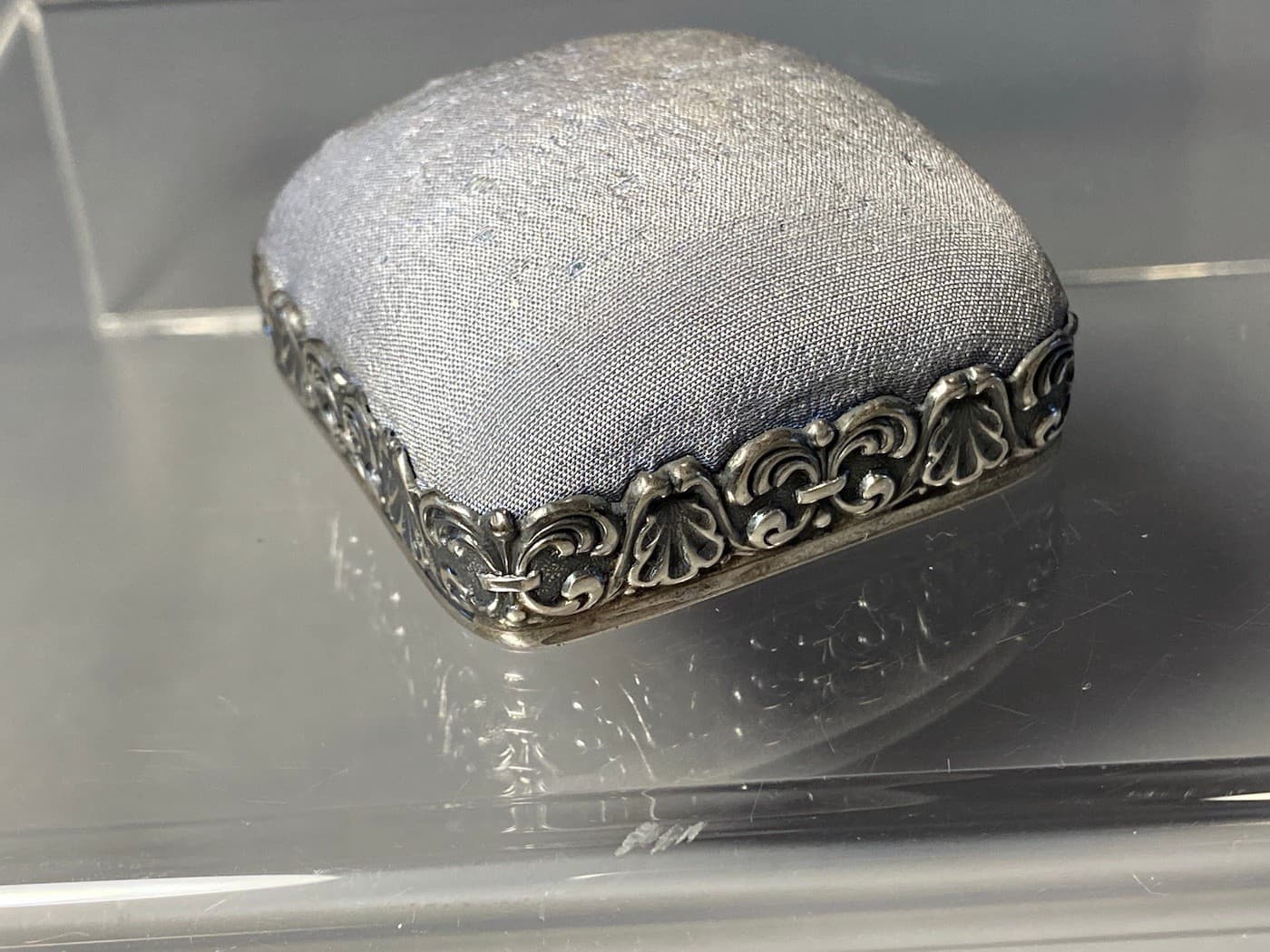 Antique Schiebler Sterling Silver Silk Pin Cushion Sewing Tools Pincushion
