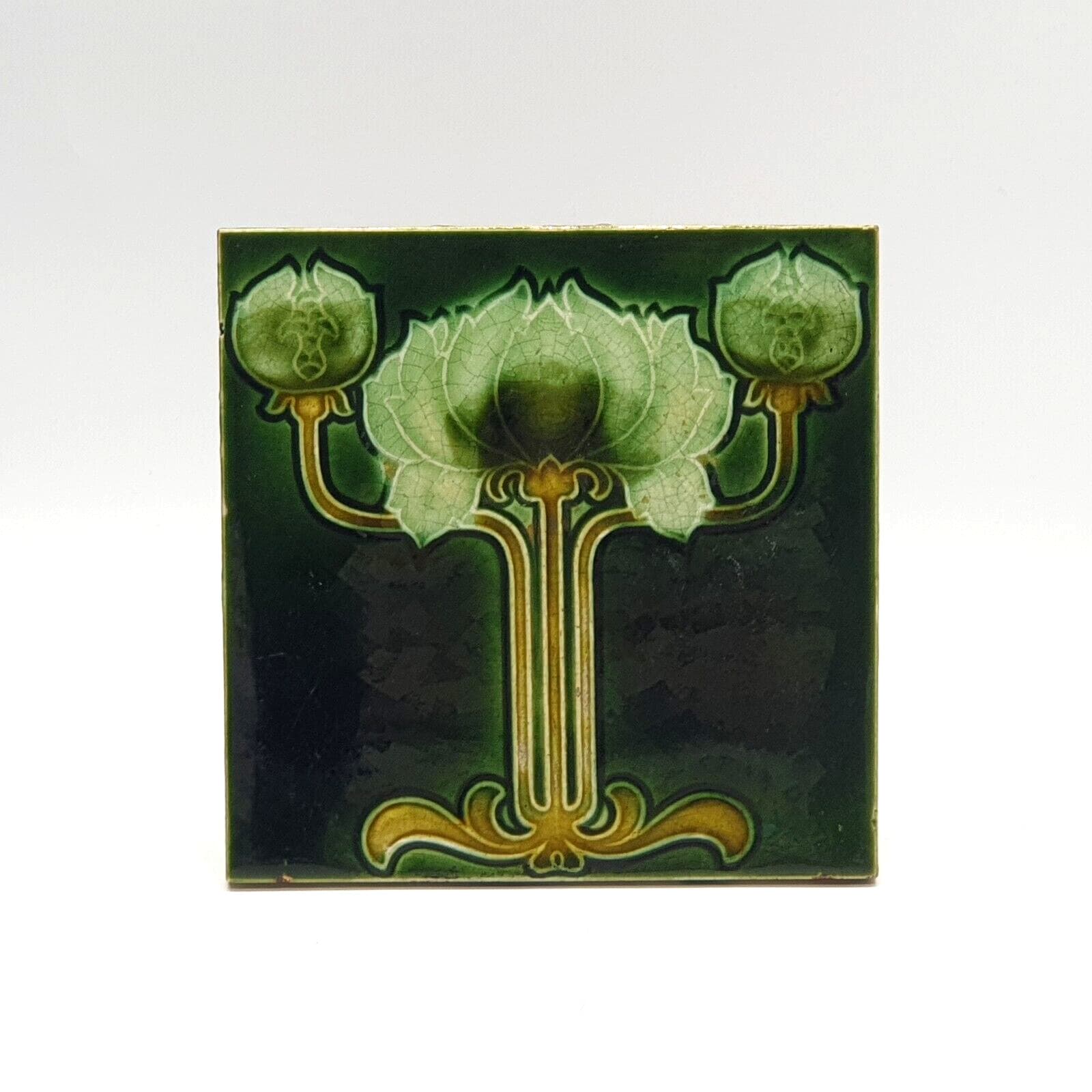 Art Nouveau Fireplace Tile Green Triple Flower Majolica by T & R Boote Ltd C1905 2