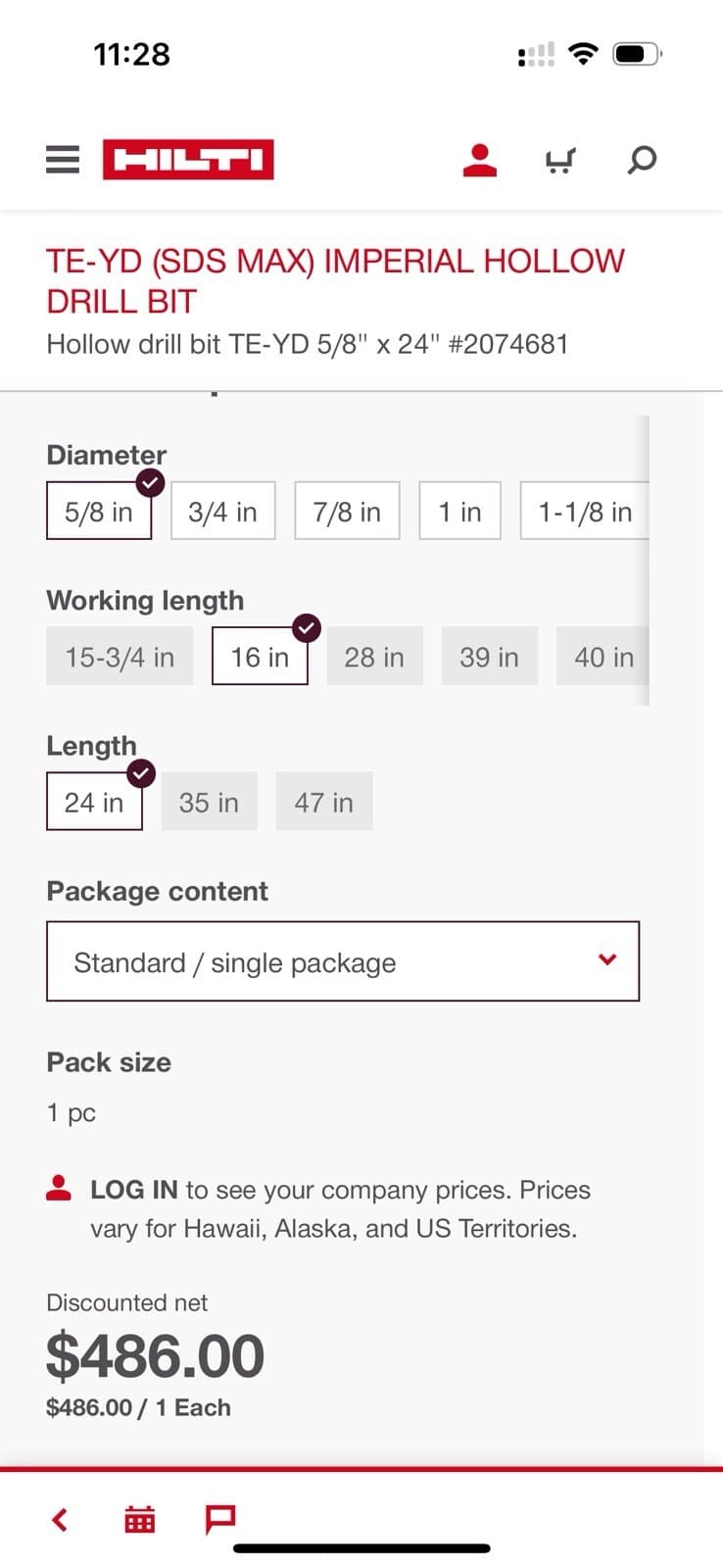 Hilti TE-YD Hollow Drill Bit 5/8” x 24” SDS Max 2074681 Dust Free Concrete Bit. 5