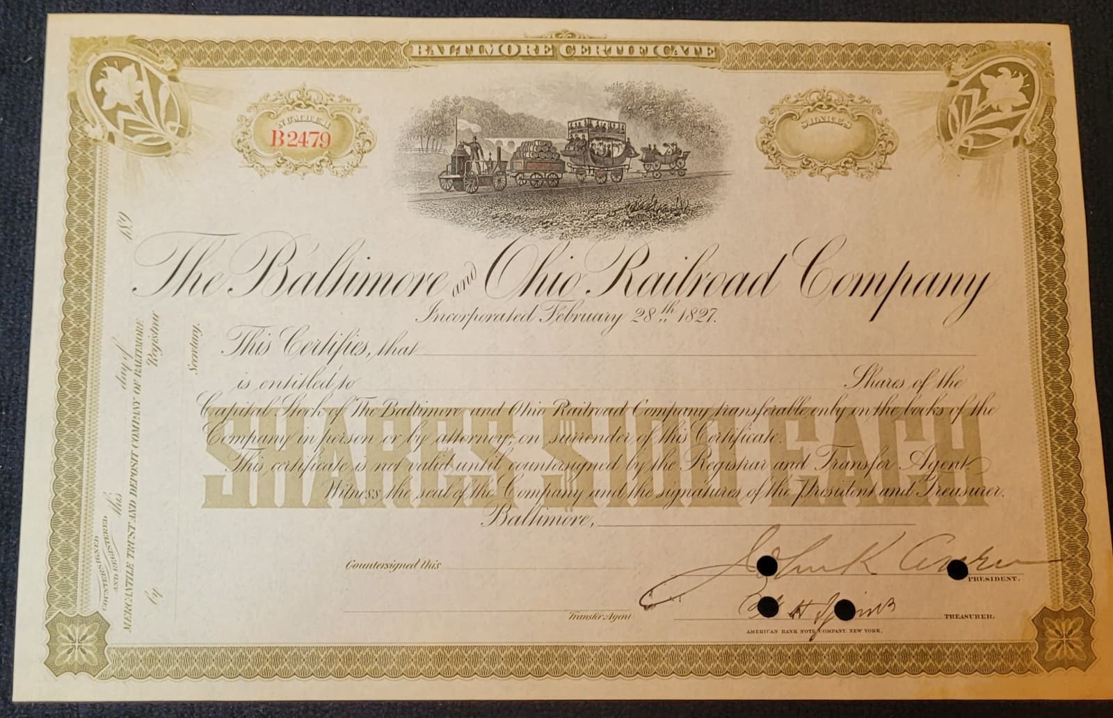 Baltimore And Ohio Railroad Company Shares Certificate 1827 Unissued CLEAN