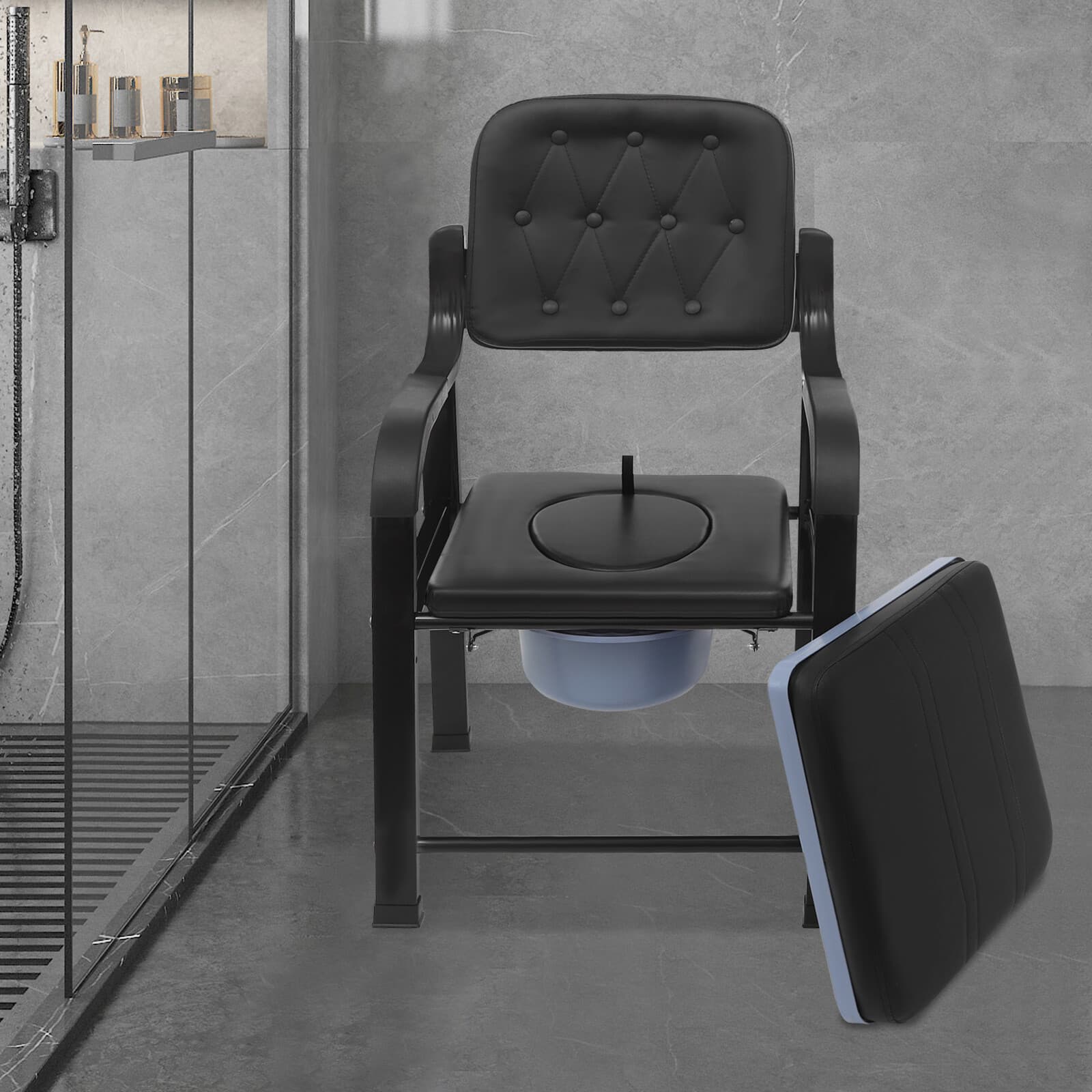 Bedside Toilet Chair w/28cm Bucket - 550lbs Capacity Floorstanding for Elderly 6