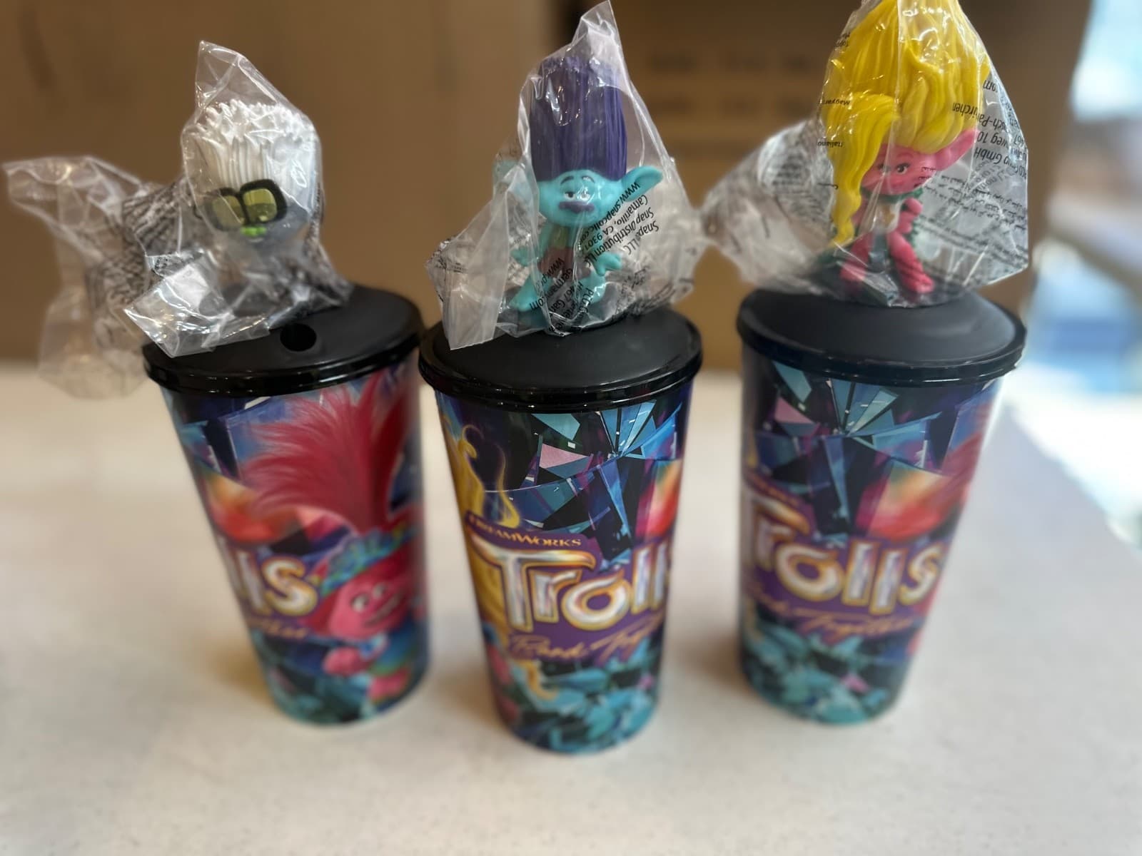 Set of 3 “DreamWorks Trolls: Band Together” AMC Promo 22 Oz Cup W/ Lid + Topper 2