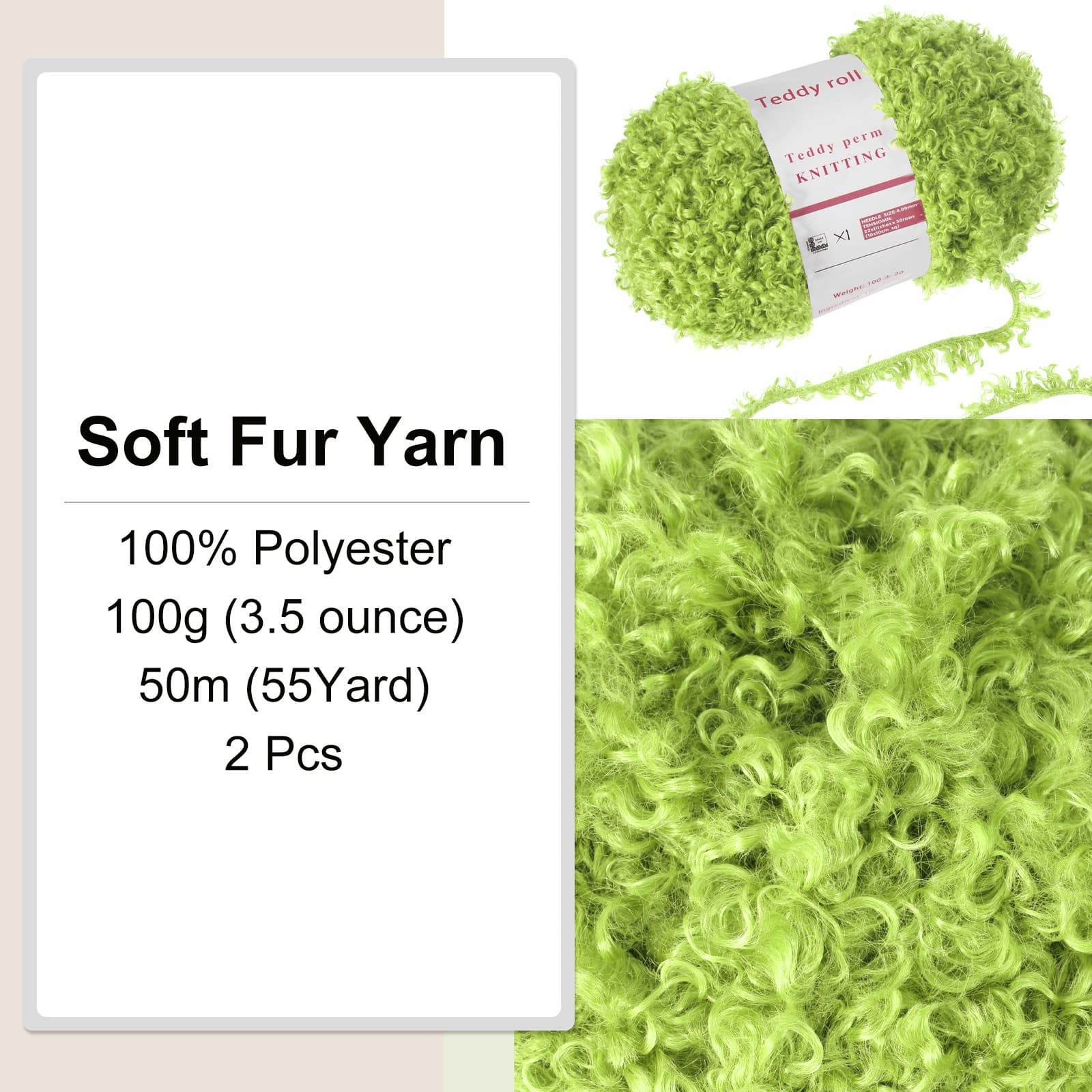 2pcs Fur Yarn Polyester Yarn Fluffy Chunky Yarn Light Green for Crocheting,50m 3
