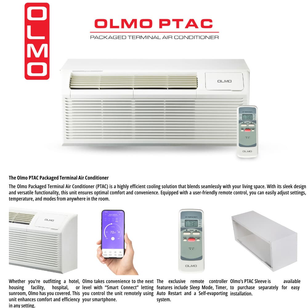 OLMO 12000 BTU Smart PTAC AC/Heat 230V Through Wall Remote Control Sleeve Grill 4