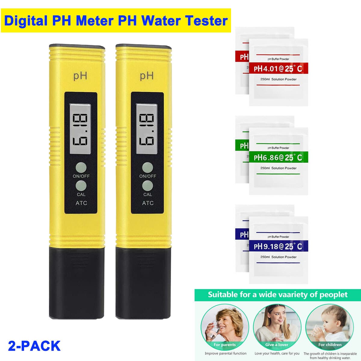 2xPH Meter Digital PH Tester0-14PH for Drinking Water,Food,Brewing,Pool,Aquarium